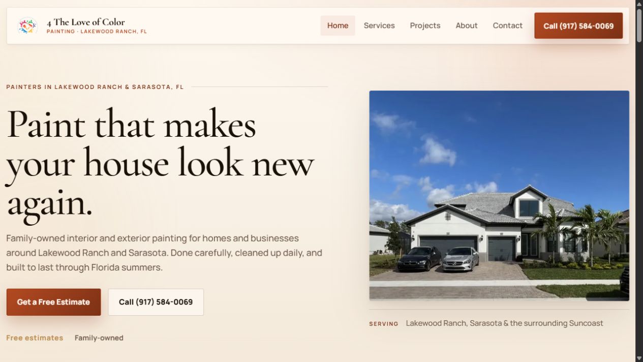 4 The Love of Color Painting homepage with a house photo, painting services and a request-an-estimate button